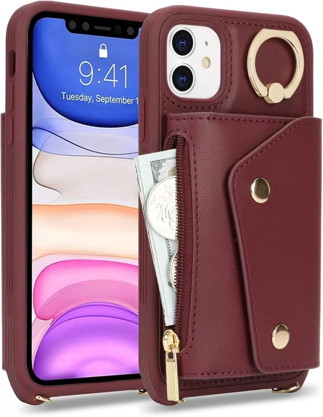 for iPhone 11 Case with Card Holder and Strap - Zipper Pocket,Crossbody Lanyard Strap,Credit Card Holder,Stand Ring,Cute Phone Wallet Case for Women(Wine Red,6.1 Inch)