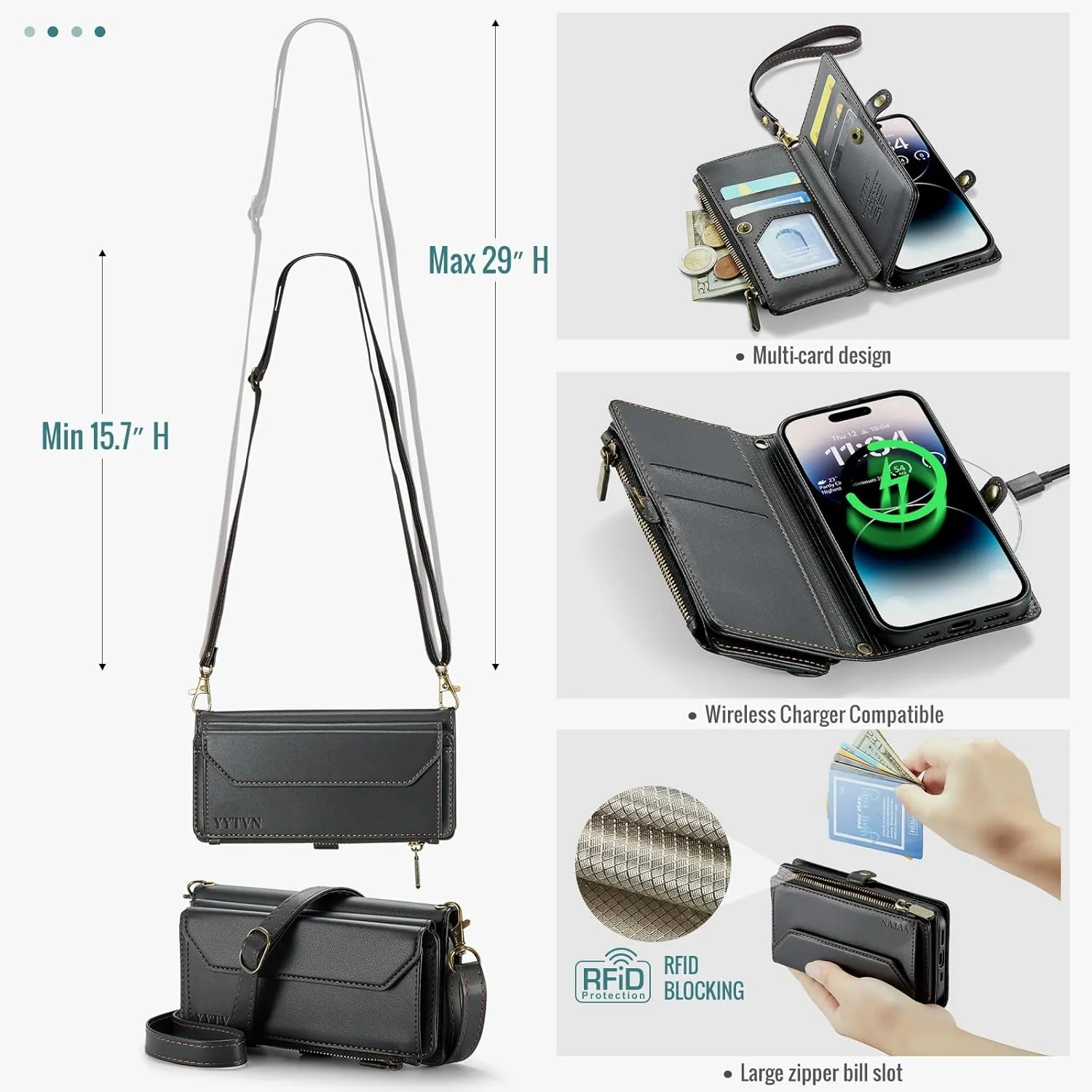 for iPhone 13 Pro Wallet Case with Zipper Card Holder & Crossbody Lanyard Strap & Wrist Strap, RFID Blocking PU Leather Magnetic Flip Handbag Purse Case for iPhone 13 Pro -Black