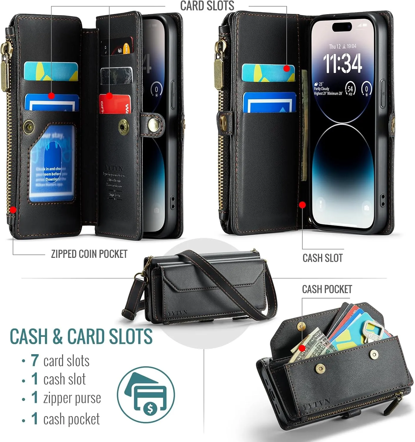 for iPhone 13 Pro Wallet Case with Zipper Card Holder & Crossbody Lanyard Strap & Wrist Strap, RFID Blocking PU Leather Magnetic Flip Handbag Purse Case for iPhone 13 Pro -Black