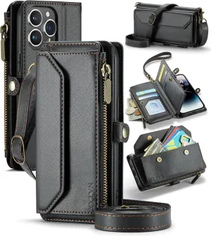 for iPhone 13 Pro Wallet Case with Zipper Card Holder & Crossbody Lanyard Strap & Wrist Strap, RFID Blocking PU Leather Magnetic Flip Handbag Purse Case for iPhone 13 Pro -Black