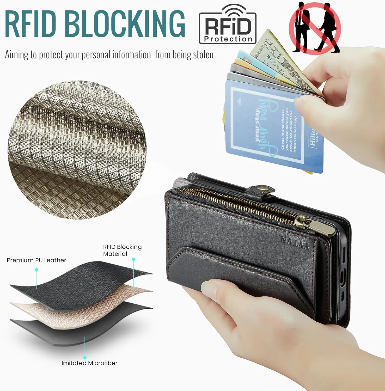 for iPhone 13 Pro Wallet Case with Zipper Card Holder & Crossbody Lanyard Strap & Wrist Strap, RFID Blocking PU Leather Magnetic Flip Handbag Purse Case for iPhone 13 Pro -Black