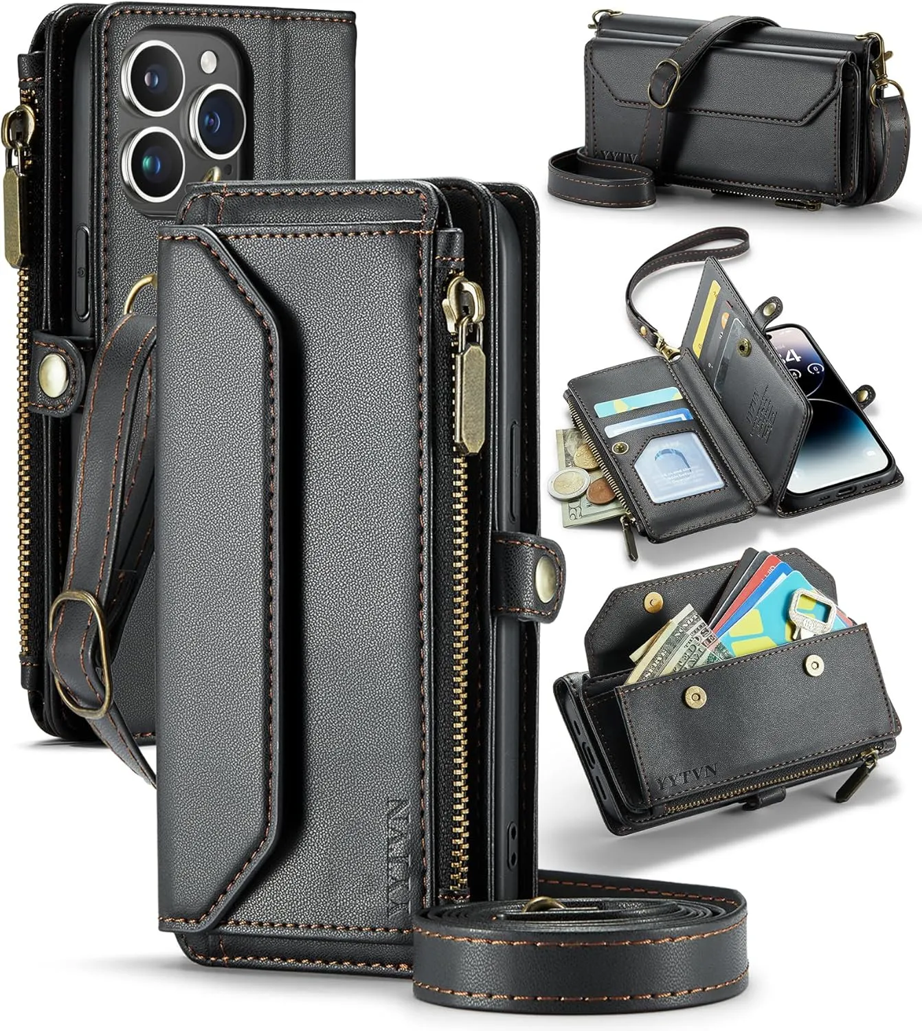 for iPhone 13 Pro Wallet Case with Zipper Card Holder & Crossbody Lanyard Strap & Wrist Strap, RFID Blocking PU Leather Magnetic Flip Handbag Purse Case for iPhone 13 Pro -Black