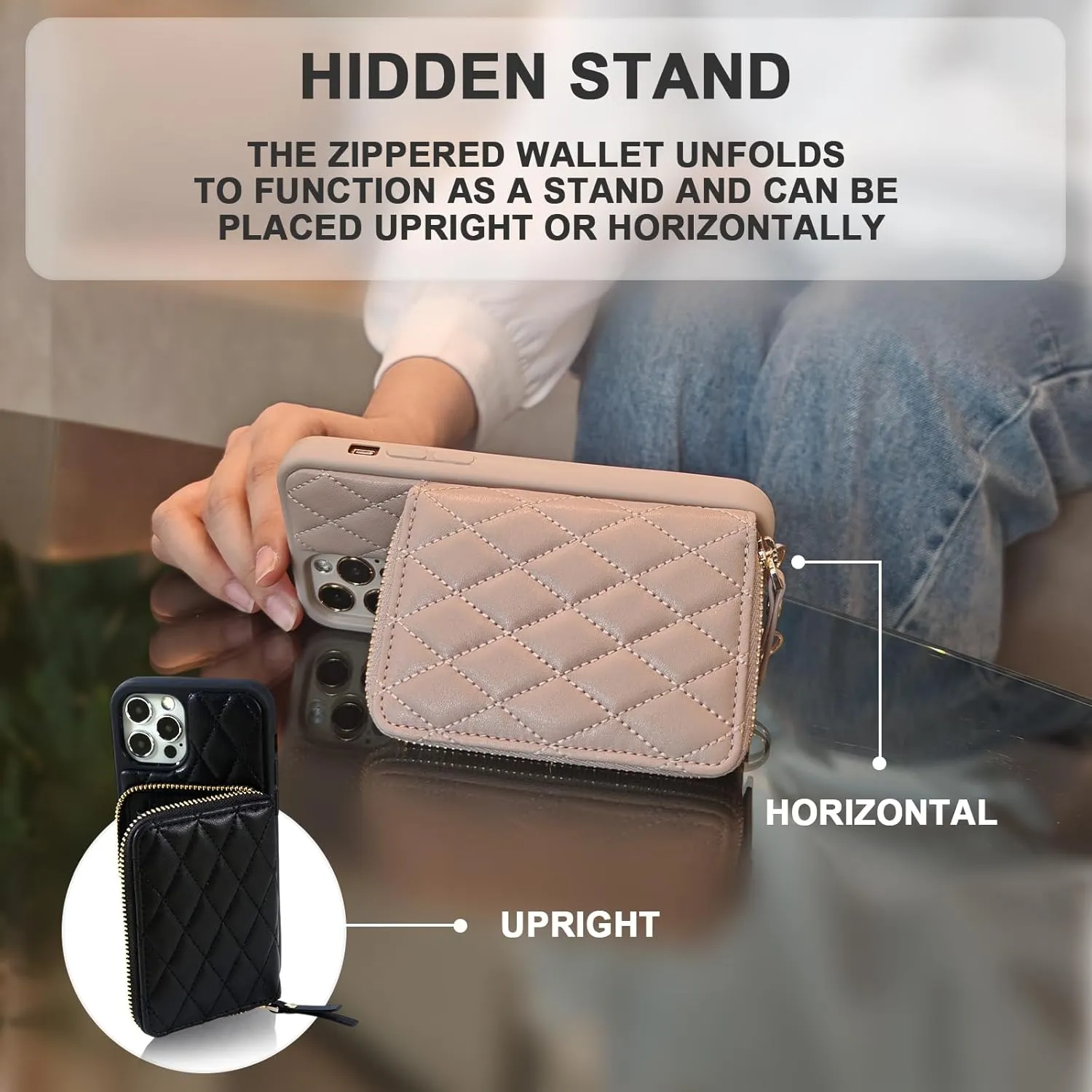 for iPhone 13 Wallet Case Crossbody, PU Leather Zipper Handbag Purse Flip Cover Standar, Independent Slot Adjustable Strap Portable 6.1-Inch iPhone Case Beige