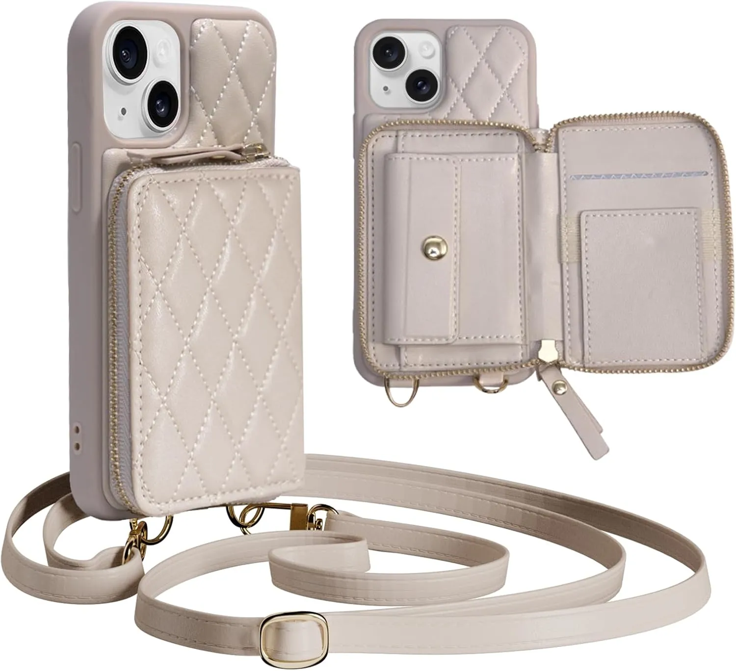 for iPhone 13 Wallet Case Crossbody, PU Leather Zipper Handbag Purse Flip Cover Standar, Independent Slot Adjustable Strap Portable 6.1-Inch iPhone Case Beige