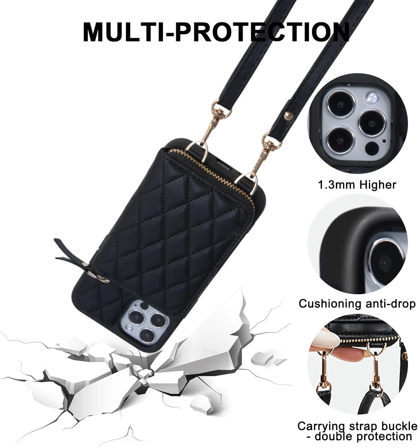 for iPhone 13 Wallet Case Crossbody, PU Leather Zipper Handbag Purse Flip Cover Standar, Independent Slot Adjustable Strap Portable 6.1-Inch iPhone Case Beige