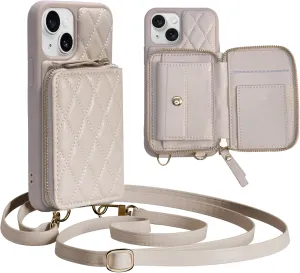 for iPhone 13 Wallet Case Crossbody, PU Leather Zipper Handbag Purse Flip Cover Standar, Independent Slot Adjustable Strap Portable 6.1-Inch iPhone Case Beige
