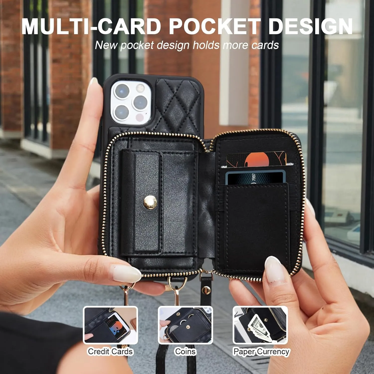 for iPhone 13 Wallet Case Crossbody, PU Leather Zipper Handbag Purse Flip Cover Standar, Independent Slot Adjustable Strap Portable 6.1-Inch iPhone Case Beige