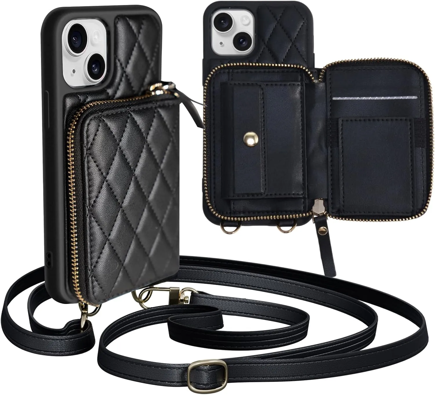 for iPhone 14 Wallet Case Crossbody, PU Leather Zipper Handbag Purse Flip Cover Standar, Independent Slot Adjustable Strap Portable 6.1-Inch iPhone Case Black