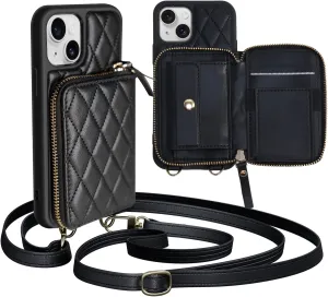 for iPhone 14 Wallet Case Crossbody, PU Leather Zipper Handbag Purse Flip Cover Standar, Independent Slot Adjustable Strap Portable 6.1-Inch iPhone Case Black