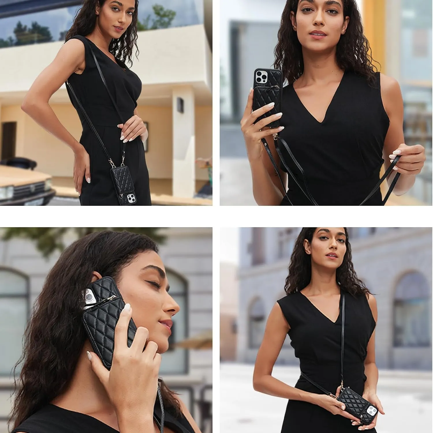 for iPhone 14 Wallet Case Crossbody, PU Leather Zipper Handbag Purse Flip Cover Standar, Independent Slot Adjustable Strap Portable 6.1-Inch iPhone Case Black