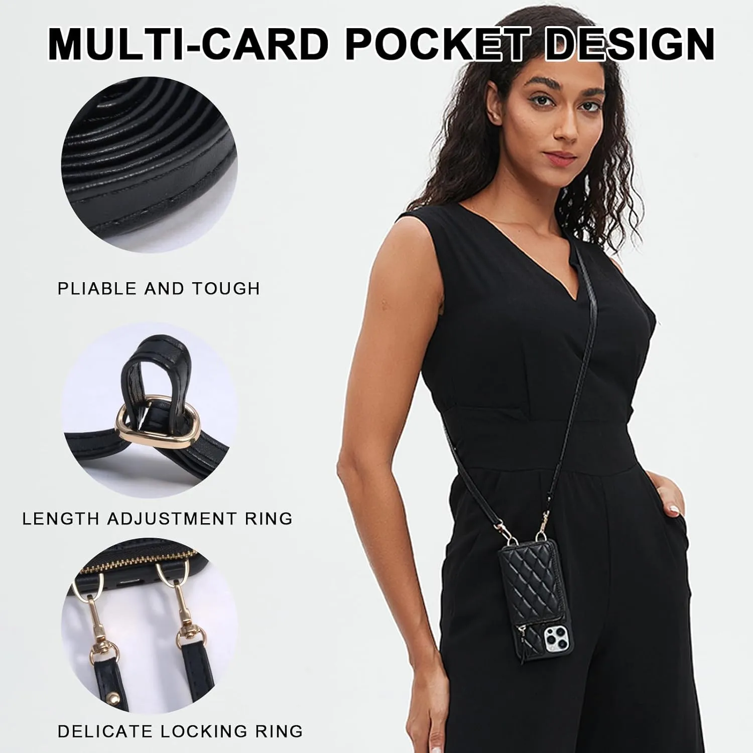 for iPhone 14 Wallet Case Crossbody, PU Leather Zipper Handbag Purse Flip Cover Standar, Independent Slot Adjustable Strap Portable 6.1-Inch iPhone Case Black