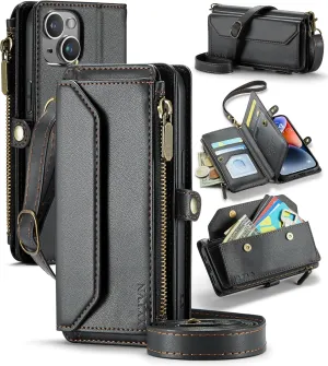 for iPhone 14 Wallet Case with Zipper Card Holder & Crossbody Lanyard Strap & Wrist Strap, RFID Blocking PU Leather Magnetic Flip Handbag Purse Case for iPhone 14 -Black