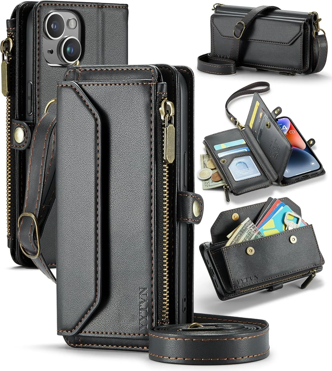 for iPhone 14 Wallet Case with Zipper Card Holder & Crossbody Lanyard Strap & Wrist Strap, RFID Blocking PU Leather Magnetic Flip Handbag Purse Case for iPhone 14 -Black