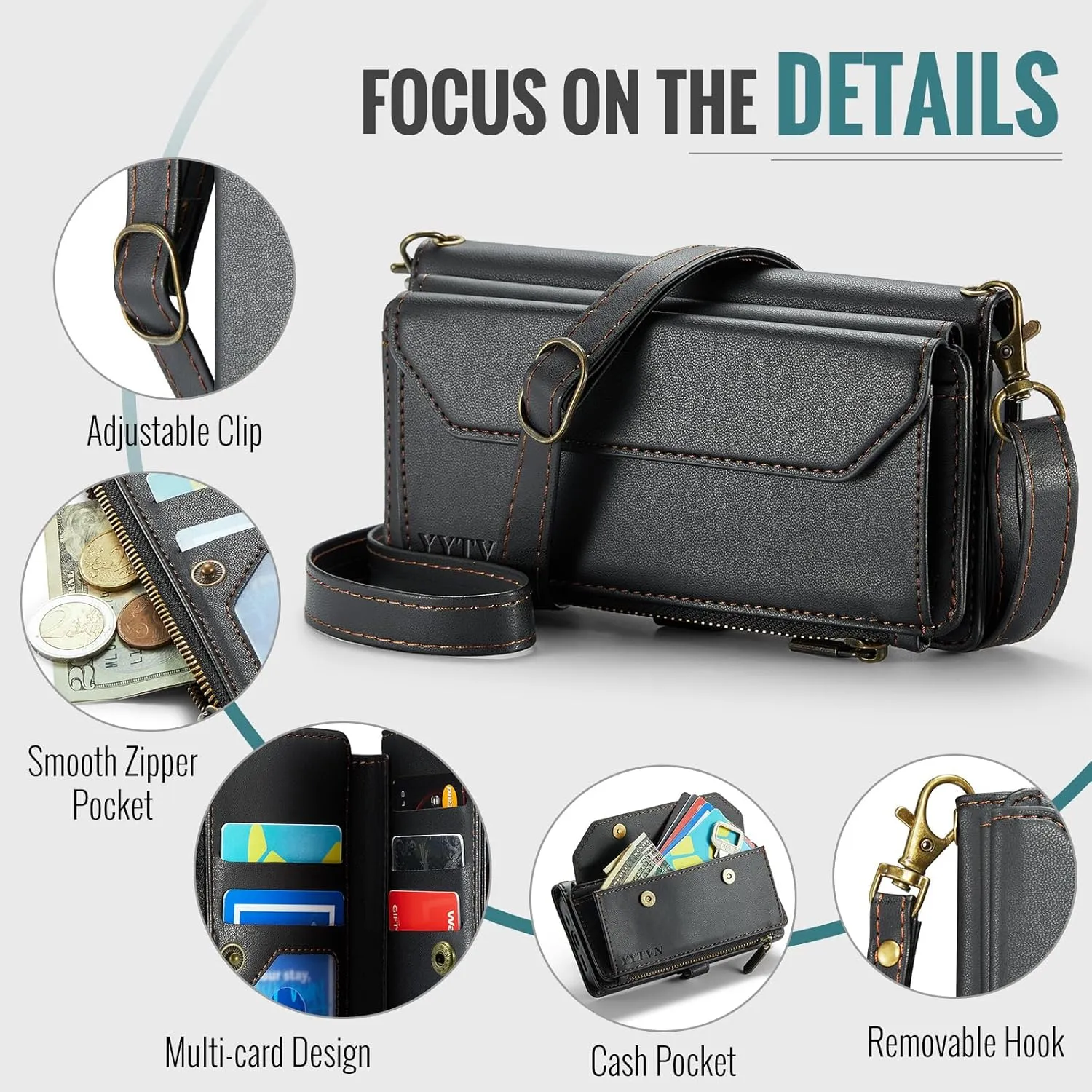 for iPhone 14 Wallet Case with Zipper Card Holder & Crossbody Lanyard Strap & Wrist Strap, RFID Blocking PU Leather Magnetic Flip Handbag Purse Case for iPhone 14 -Black
