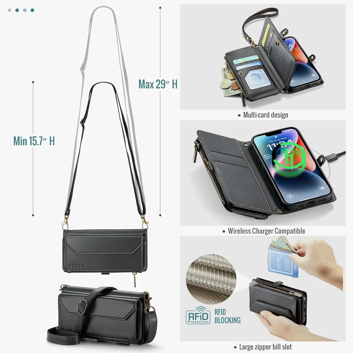 for iPhone 14 Wallet Case with Zipper Card Holder & Crossbody Lanyard Strap & Wrist Strap, RFID Blocking PU Leather Magnetic Flip Handbag Purse Case for iPhone 14 -Black