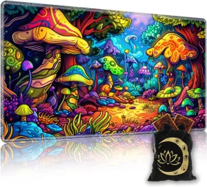 for MTG Playmat in Storage Bag, Commander Board Game Play Mat Desk Pad, Hand-Painted Stitched Edges Aged Map 27.6x15.7 in,Ideal for TCG/MTG/CCG/RPG Game Playmat, Colorful Mushroom