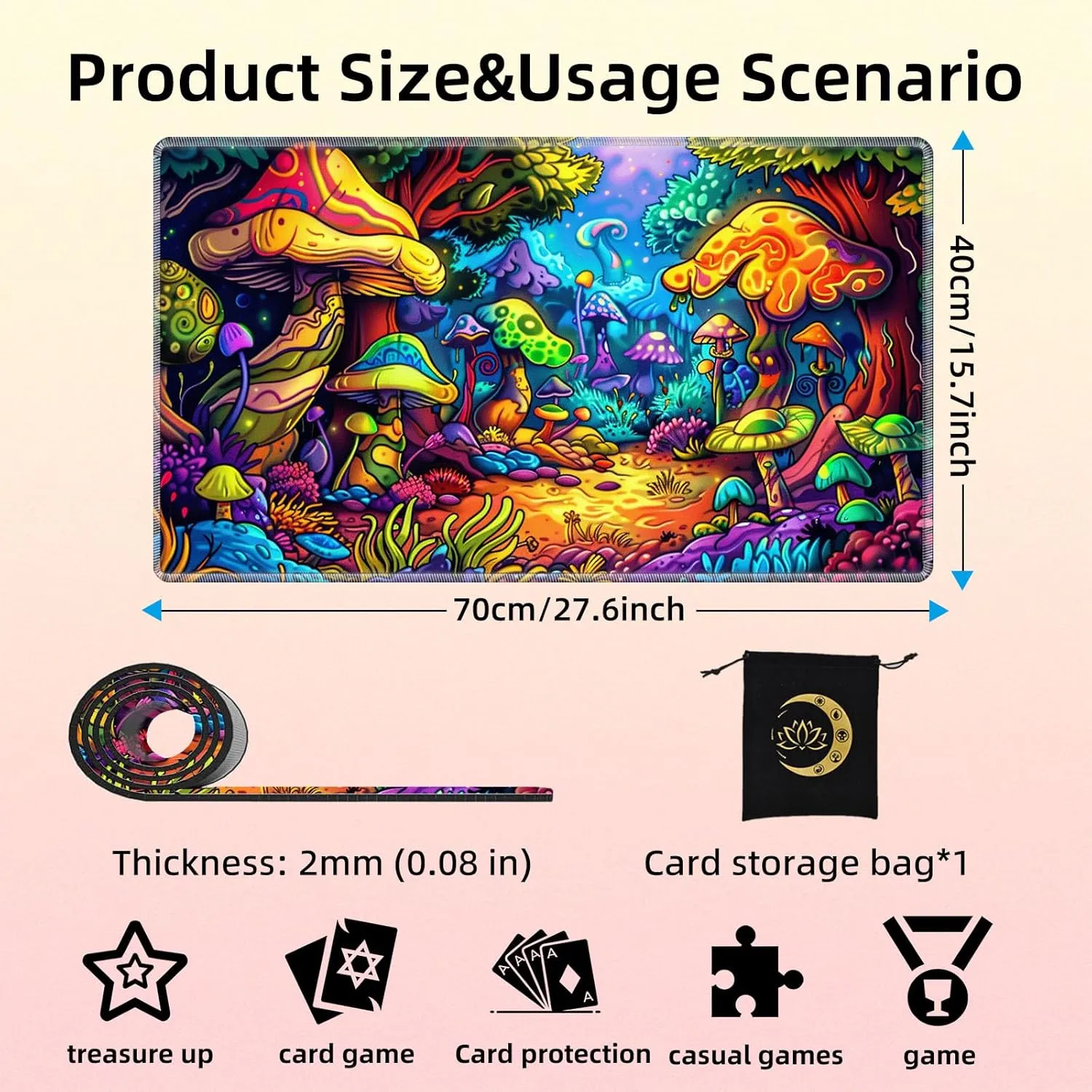for MTG Playmat in Storage Bag, Commander Board Game Play Mat Desk Pad, Hand-Painted Stitched Edges Aged Map 27.6x15.7 in,Ideal for TCG/MTG/CCG/RPG Game Playmat, Colorful Mushroom
