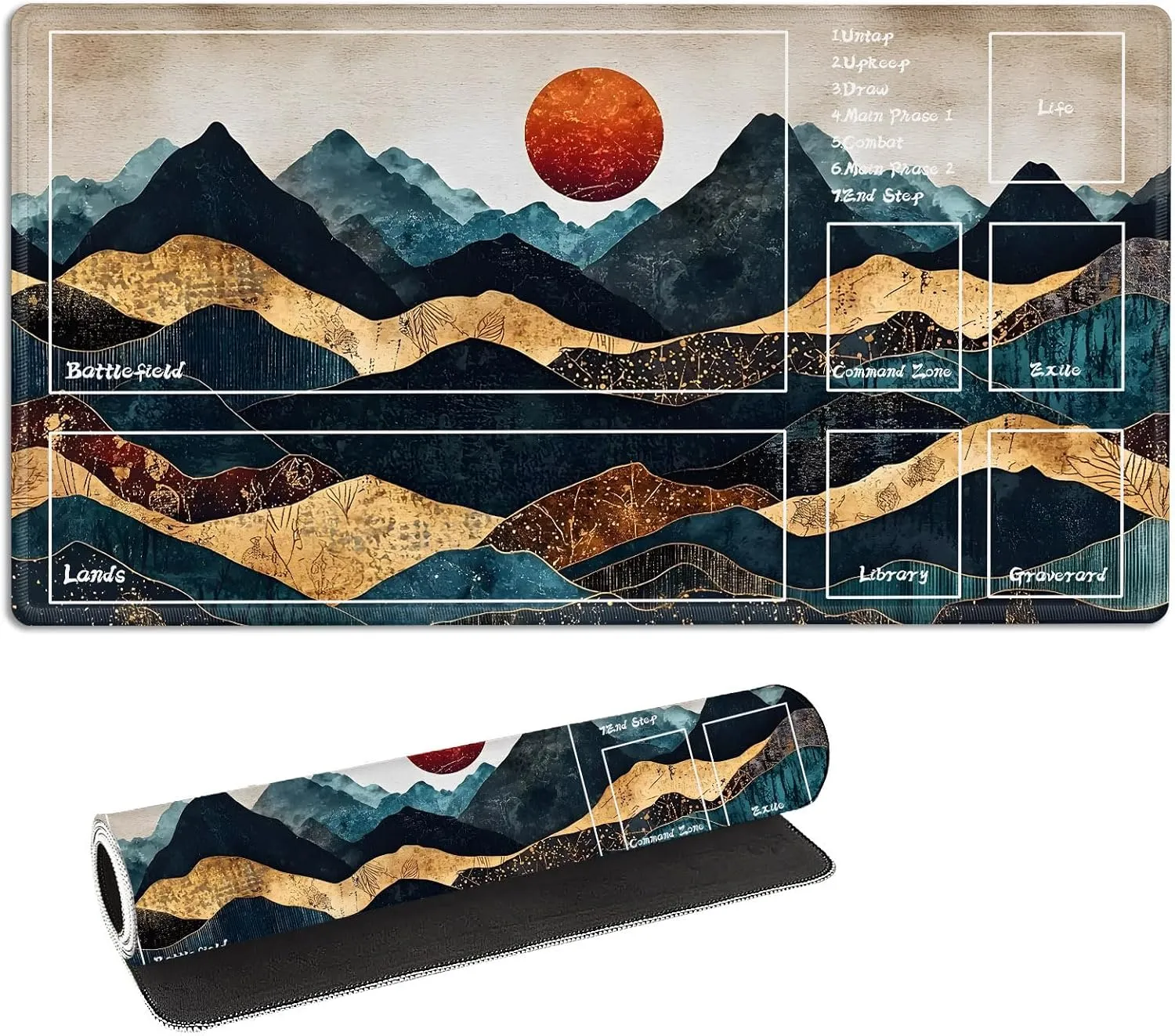 for MTG Playmat with Zones Storage Bag,for TCG Playmat and Playing Card Mat for Magic Board Games, Mountain Sun Non Slip Stitched Edges Game Mat, Rollable Foldable Card Playmats