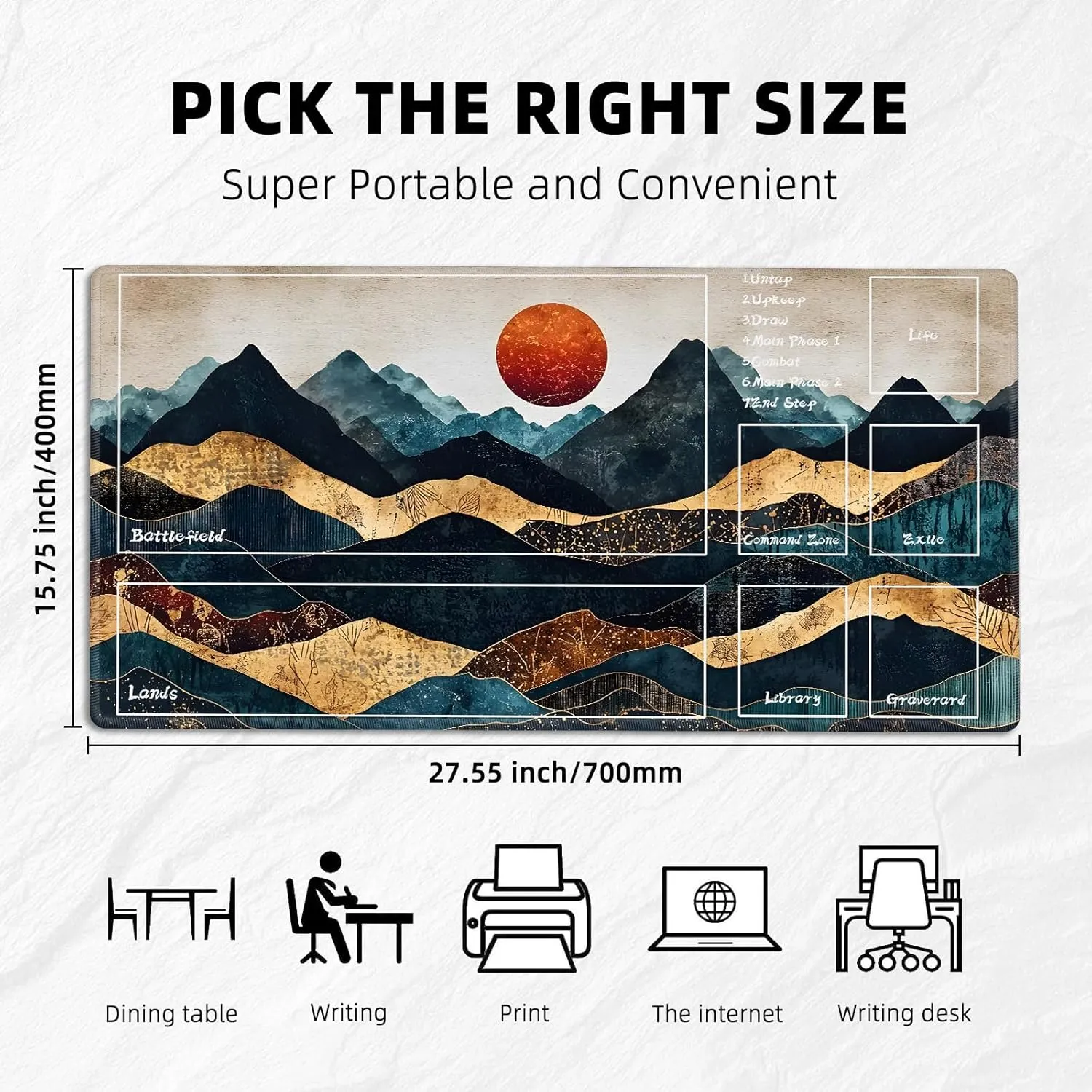 for MTG Playmat with Zones Storage Bag,for TCG Playmat and Playing Card Mat for Magic Board Games, Mountain Sun Non Slip Stitched Edges Game Mat, Rollable Foldable Card Playmats