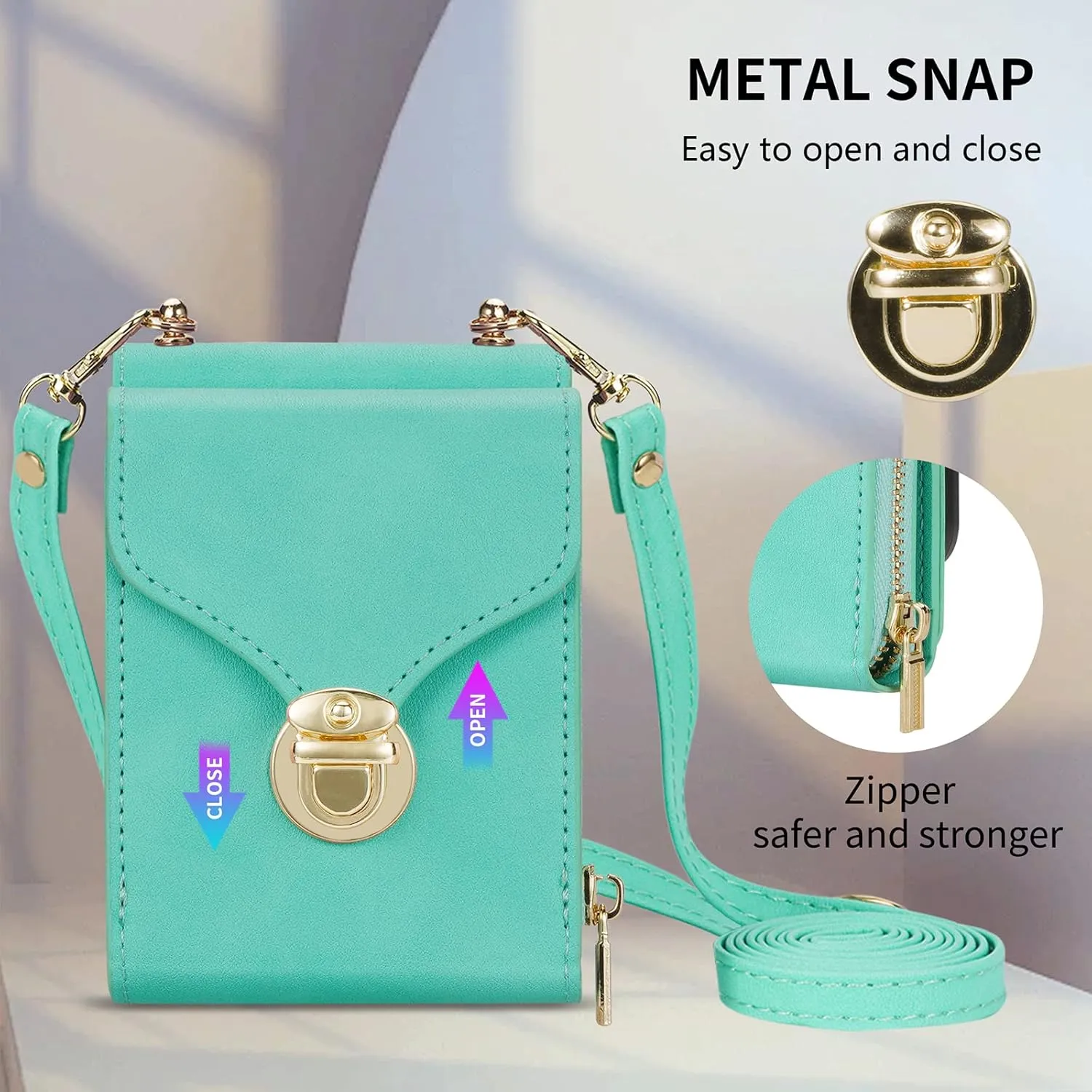 for Samsung Galaxy Z Flip 3 Wallet Case with Crossbody Strap, Women Girls Premium PU Leather Zipper Wallet Purse Card Holder Adjustable Lanyard Crossbody Bag Phone Case for Z Flip 3 - Green
