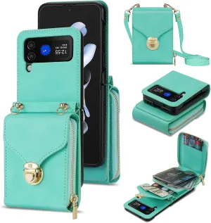 for Samsung Galaxy Z Flip 3 Wallet Case with Crossbody Strap, Women Girls Premium PU Leather Zipper Wallet Purse Card Holder Adjustable Lanyard Crossbody Bag Phone Case for Z Flip 3 - Green