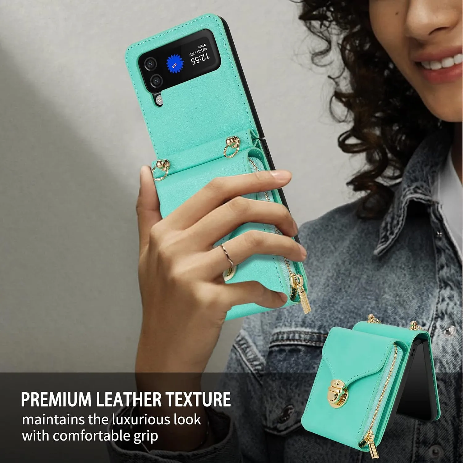 for Samsung Galaxy Z Flip 3 Wallet Case with Crossbody Strap, Women Girls Premium PU Leather Zipper Wallet Purse Card Holder Adjustable Lanyard Crossbody Bag Phone Case for Z Flip 3 - Green