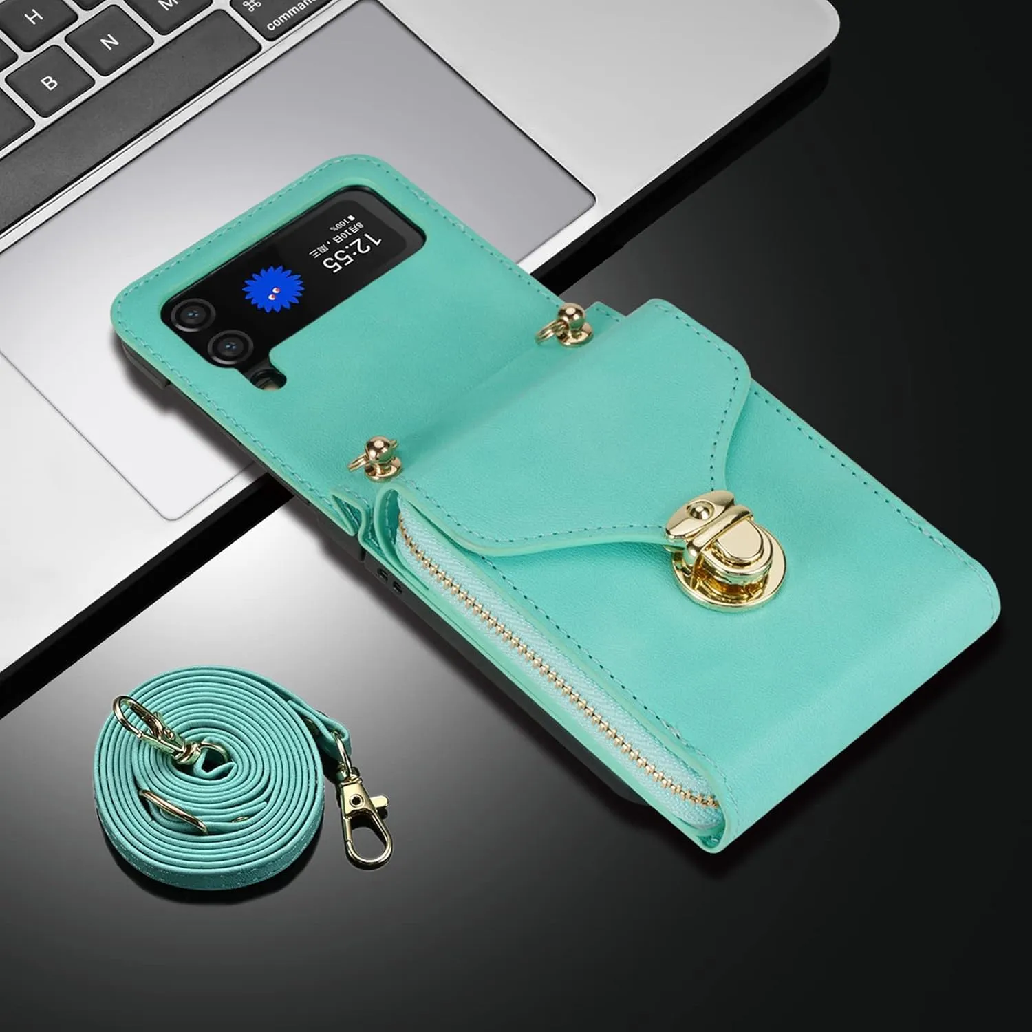 for Samsung Galaxy Z Flip 3 Wallet Case with Crossbody Strap, Women Girls Premium PU Leather Zipper Wallet Purse Card Holder Adjustable Lanyard Crossbody Bag Phone Case for Z Flip 3 - Green