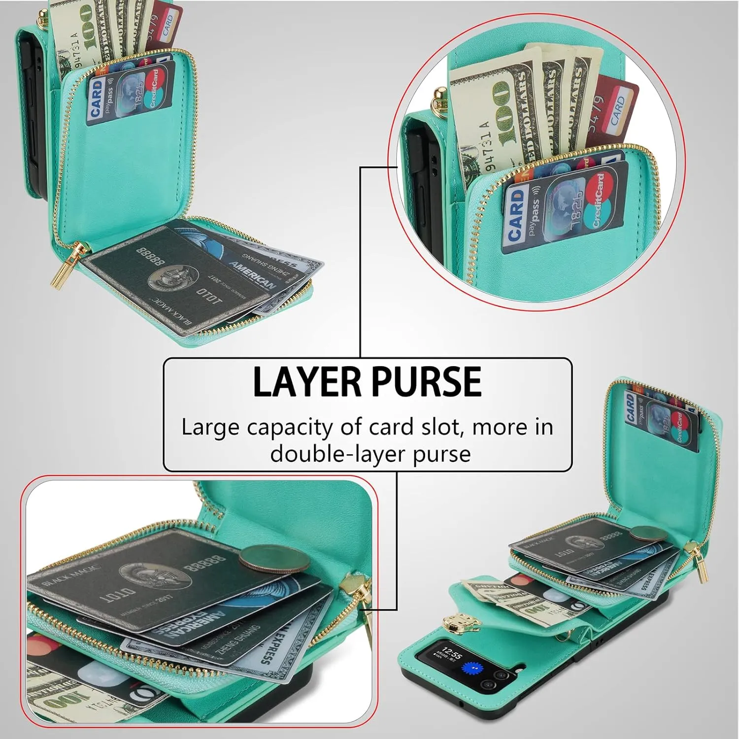 for Samsung Galaxy Z Flip 3 Wallet Case with Crossbody Strap, Women Girls Premium PU Leather Zipper Wallet Purse Card Holder Adjustable Lanyard Crossbody Bag Phone Case for Z Flip 3 - Green