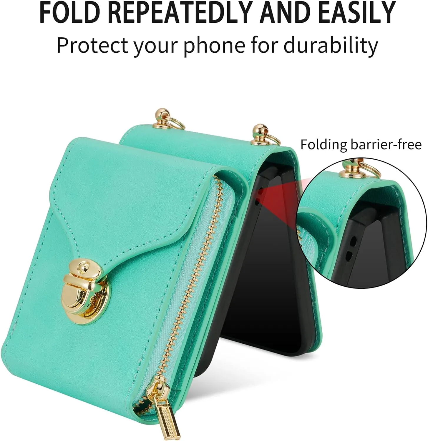 for Samsung Galaxy Z Flip 3 Wallet Case with Crossbody Strap, Women Girls Premium PU Leather Zipper Wallet Purse Card Holder Adjustable Lanyard Crossbody Bag Phone Case for Z Flip 3 - Green