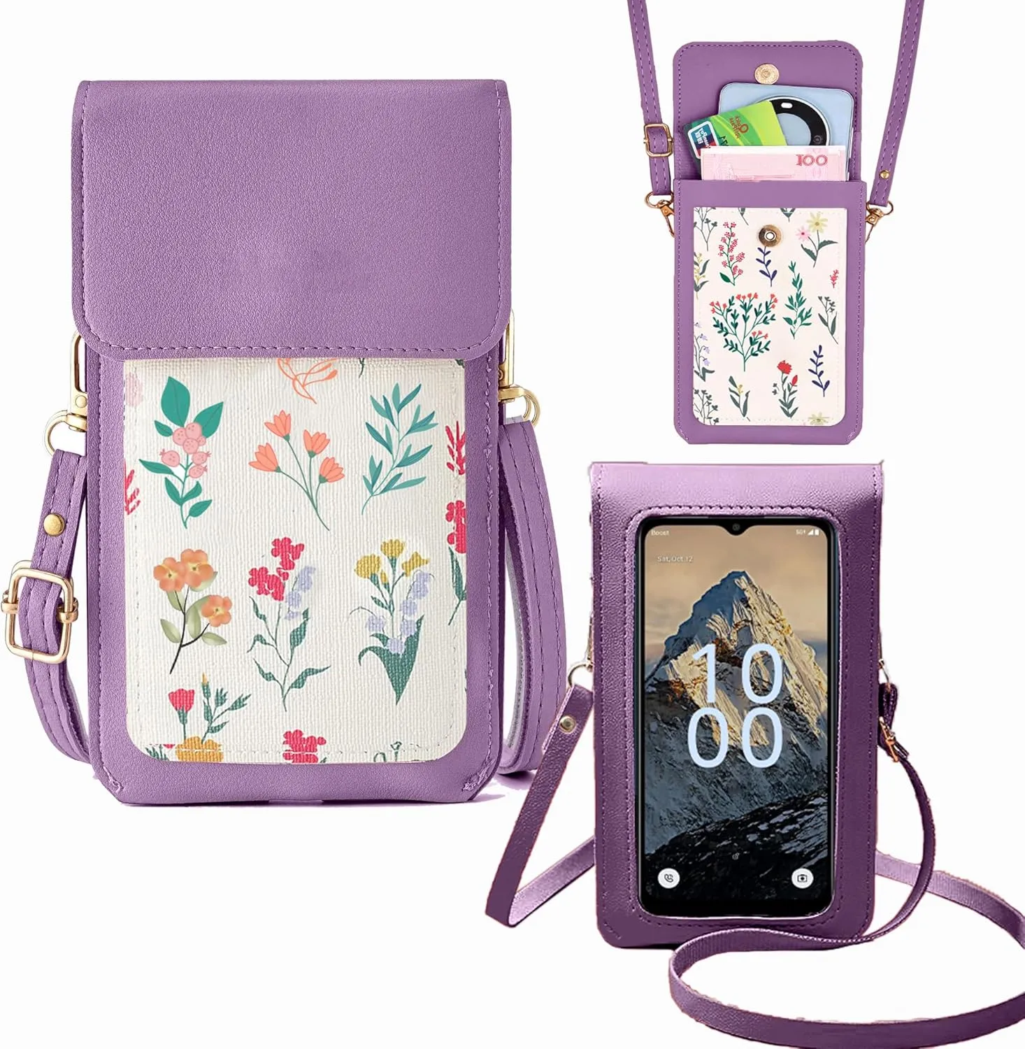 for Schok Volt SV67Q SV67332 Case with Crossbody Strap Lanyard, HD [Transparent Touch Screen] Phone Bag, PU Leather Cover Wallet Holster Credit Card Slots Holder [Clip Magnetic Buckle] Purple