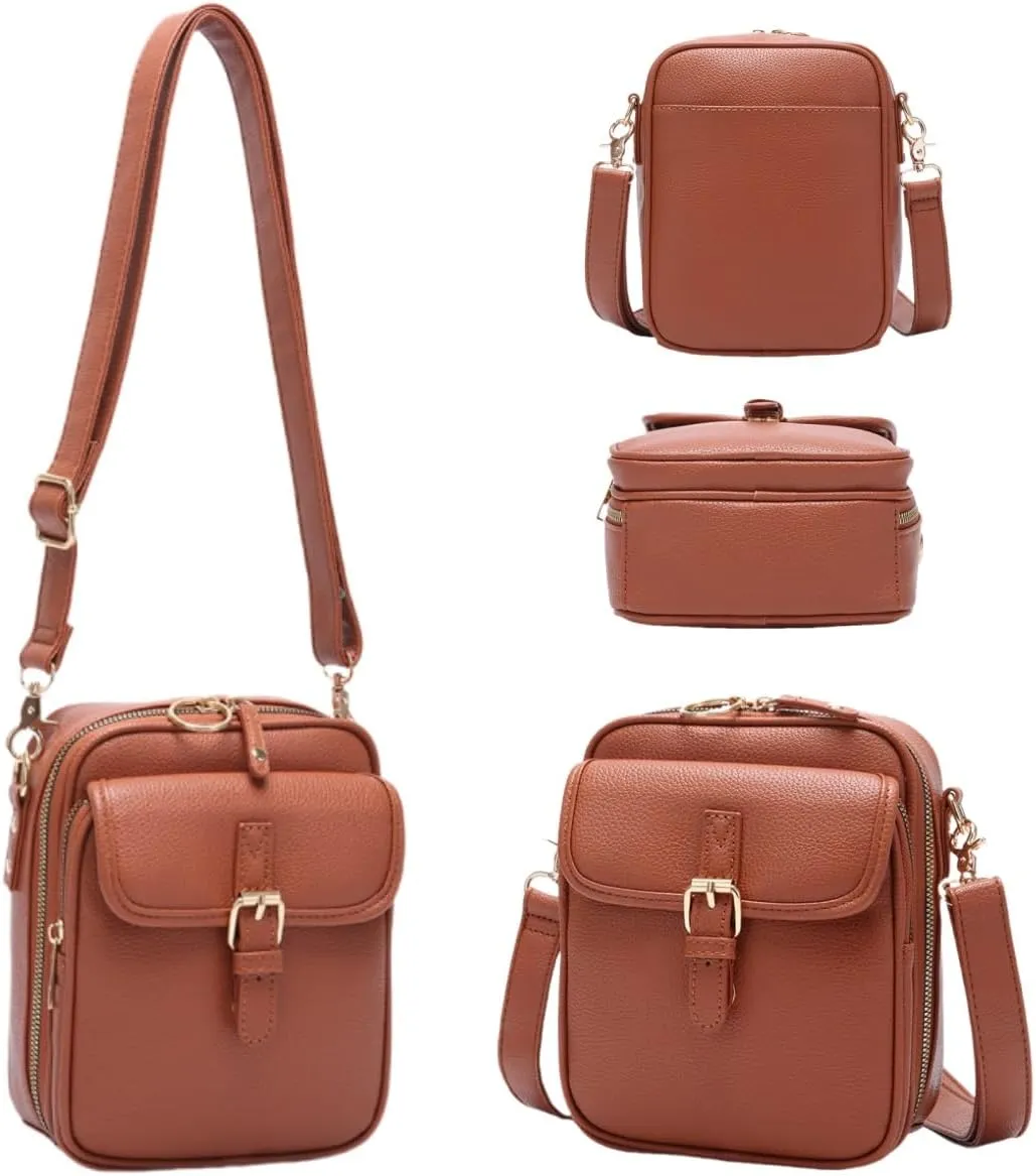 Forcipower Crossbody Bag, Vintage Double Layer Large Capacity Mini Crossbody Leather Bags with 10 Card Slots