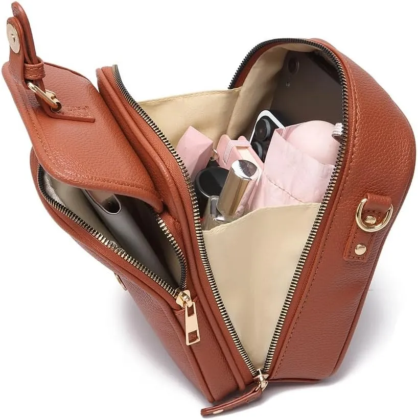 Forcipower Crossbody Bag, Vintage Double Layer Large Capacity Mini Crossbody Leather Bags with 10 Card Slots