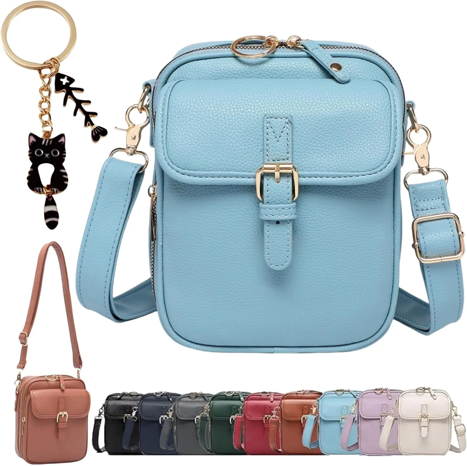 Forcipower Crossbody Bag, Vintage Double Layer Large Capacity Mini Crossbody Leather Bags with 10 Card Slots