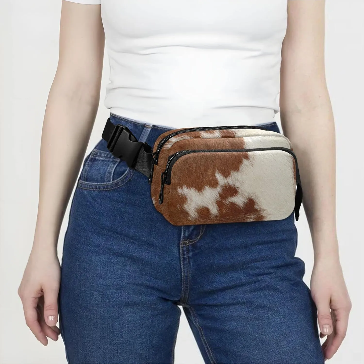 Fragment of a Skin of a Cow Brown White Mixed Color Real Cow Skin Adjustable Belt Running Bag, Crossbody Fanny Pack Waist Runners Bag Tote for Women Men Sports Hiking Fitness Exercise Gym Pouch