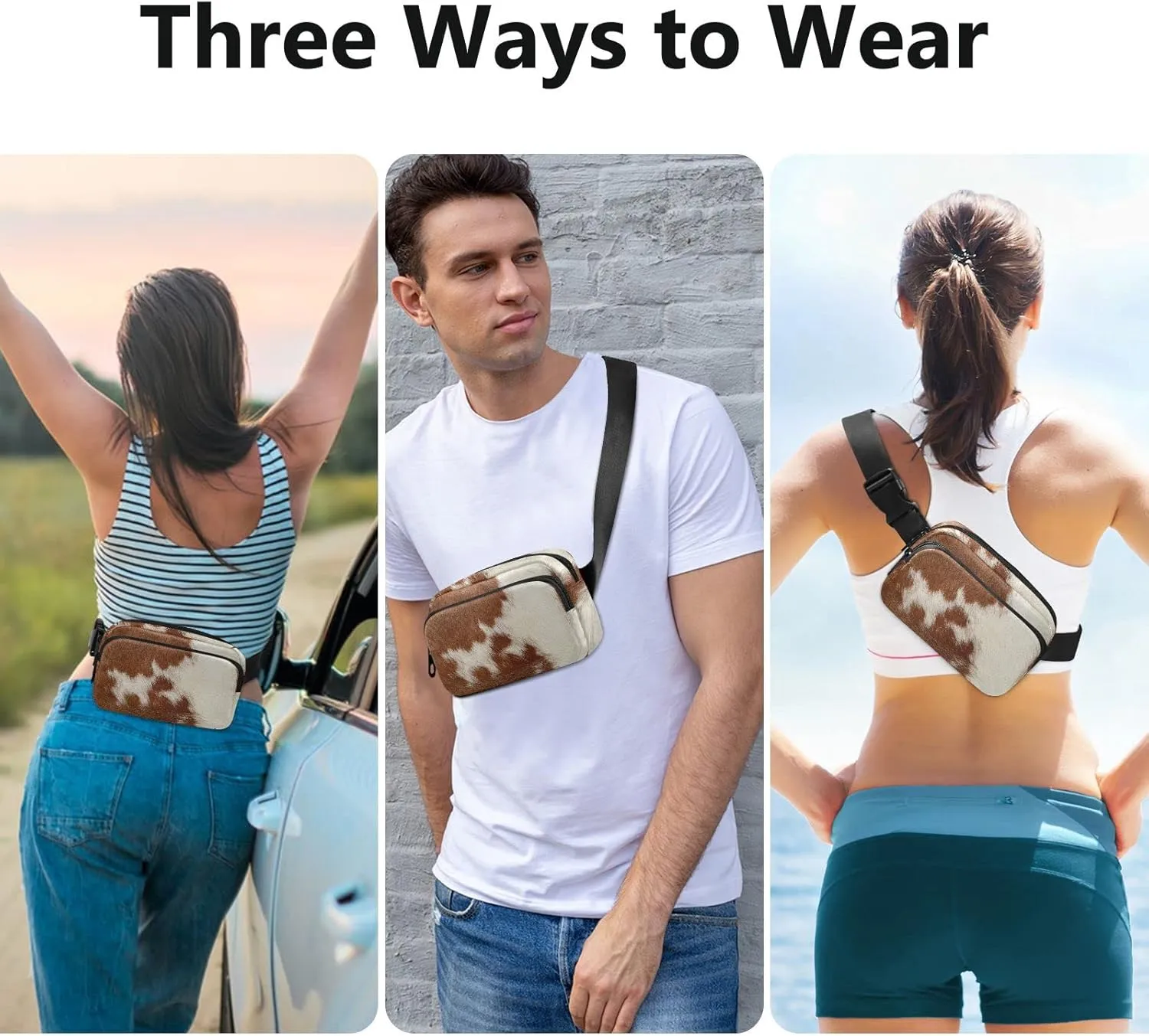 Fragment of a Skin of a Cow Brown White Mixed Color Real Cow Skin Adjustable Belt Running Bag, Crossbody Fanny Pack Waist Runners Bag Tote for Women Men Sports Hiking Fitness Exercise Gym Pouch