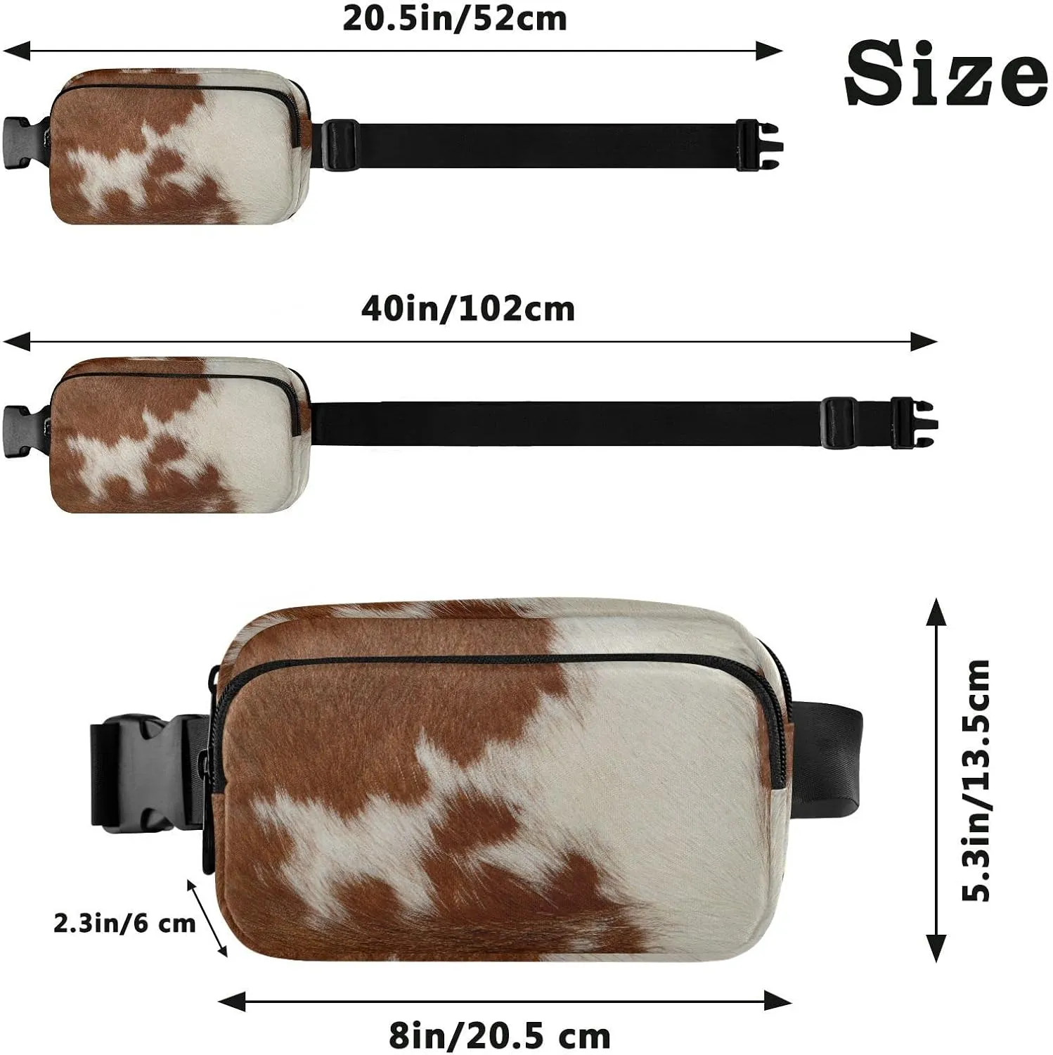 Fragment of a Skin of a Cow Brown White Mixed Color Real Cow Skin Adjustable Belt Running Bag, Crossbody Fanny Pack Waist Runners Bag Tote for Women Men Sports Hiking Fitness Exercise Gym Pouch