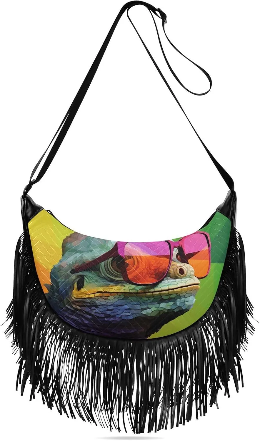 Fringe Hippie Purses Colorful Reptile Print, Western Tassel Bags Crossbody Bags for Women with Adjustable Strap Fabric and PU Material