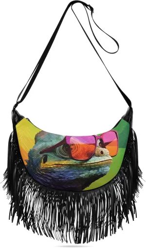 Fringe Hippie Purses Colorful Reptile Print, Western Tassel Bags Crossbody Bags for Women with Adjustable Strap Fabric and PU Material