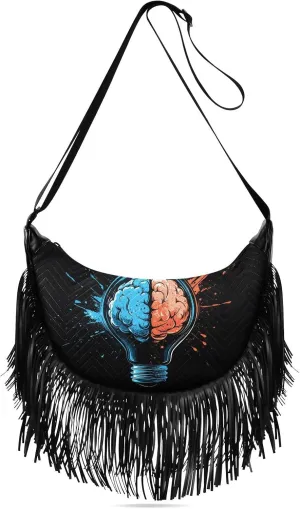 Fringe Hippie Purses Light Of Brain Print, Western Tassel Bags Crossbody Bags for Women with Adjustable Strap Fabric PU Material
