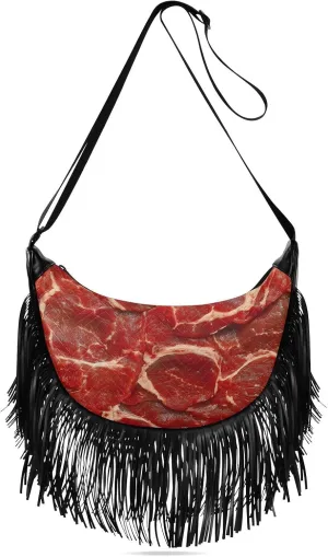 Fringe Hippie Purses Meat Texture Print, Western Tassel Bags Crossbody Bags for Women with Adjustable Strap Fabric and PU Material