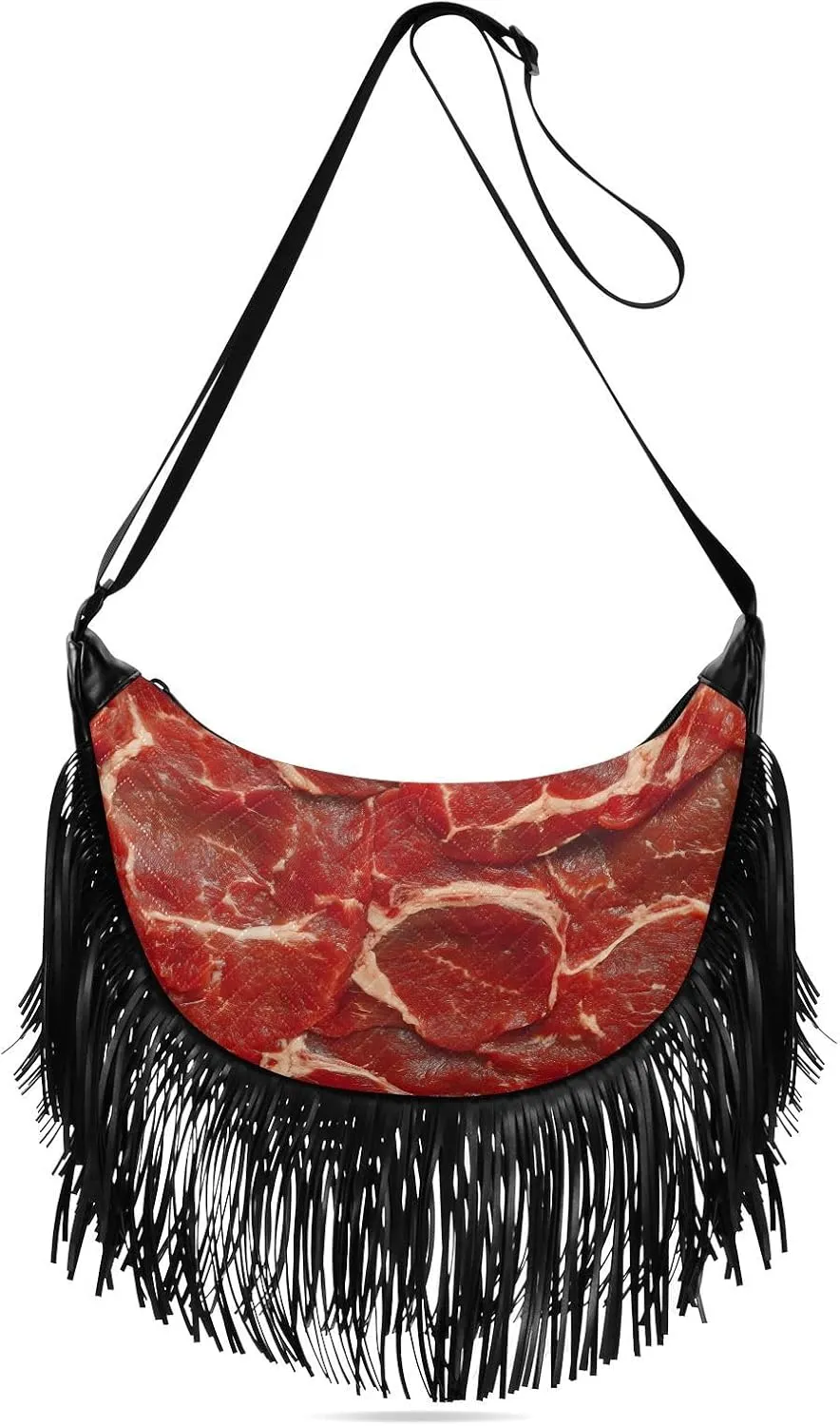 Fringe Hippie Purses Meat Texture Print, Western Tassel Bags Crossbody Bags for Women with Adjustable Strap Fabric and PU Material