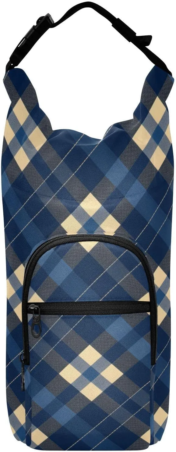 FRODOTGV Dark Blue Check Crossbody Water Bottle Sling Bag Stylish Water Bottle Carrier for Walking Hiking Water Bottle Backpack Fits 20/24/32/40 oz Bottles