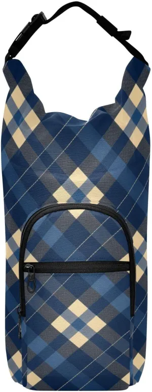 FRODOTGV Dark Blue Check Crossbody Water Bottle Sling Bag Stylish Water Bottle Carrier for Walking Hiking Water Bottle Backpack Fits 20/24/32/40 oz Bottles