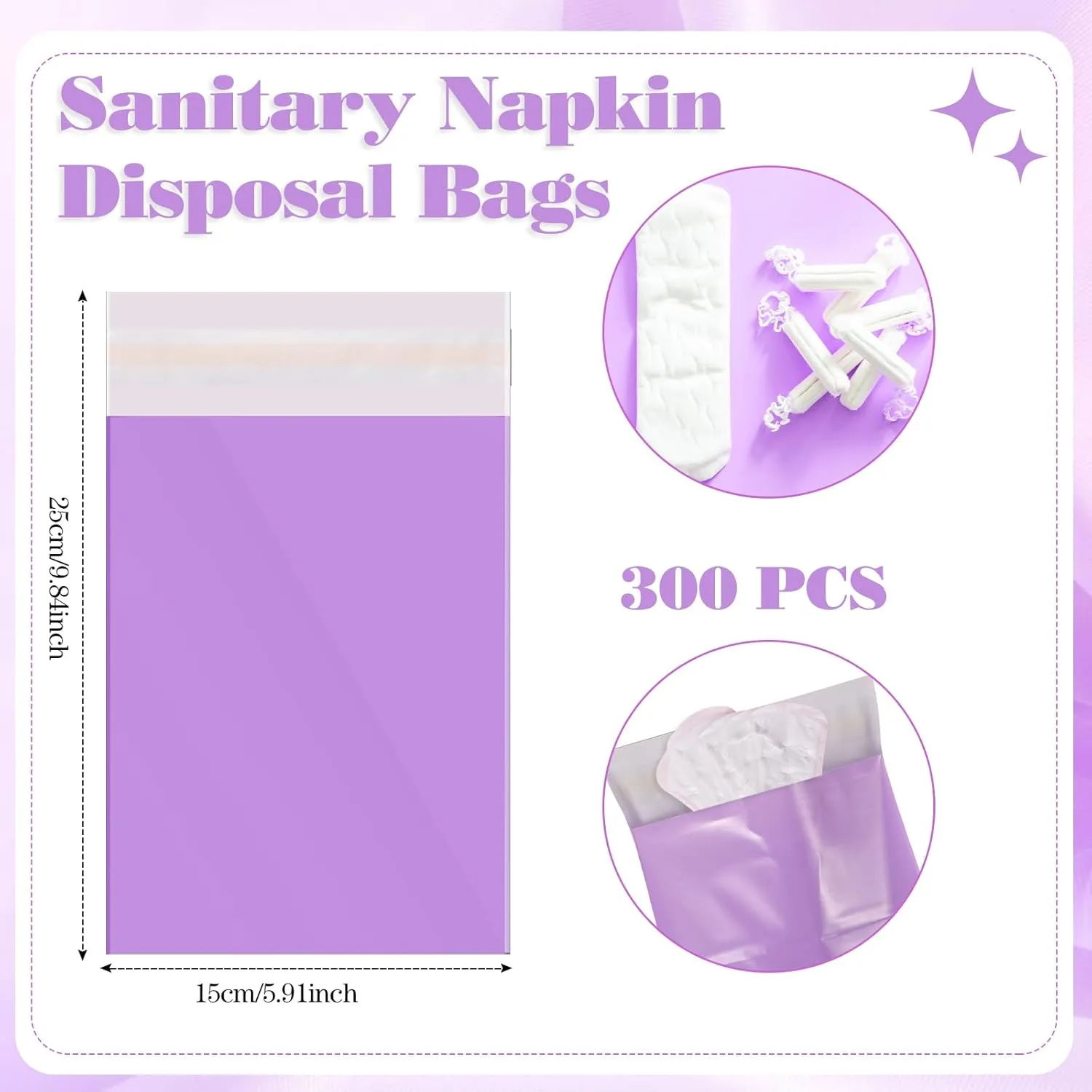 Fulmoon 300pcs Sanitary Napkin Disposal Bags Feminine Hygiene Tampon Disposal Self Sealing Seals Women Sanitary Bags for Napkins Tampons Pads(Purple)