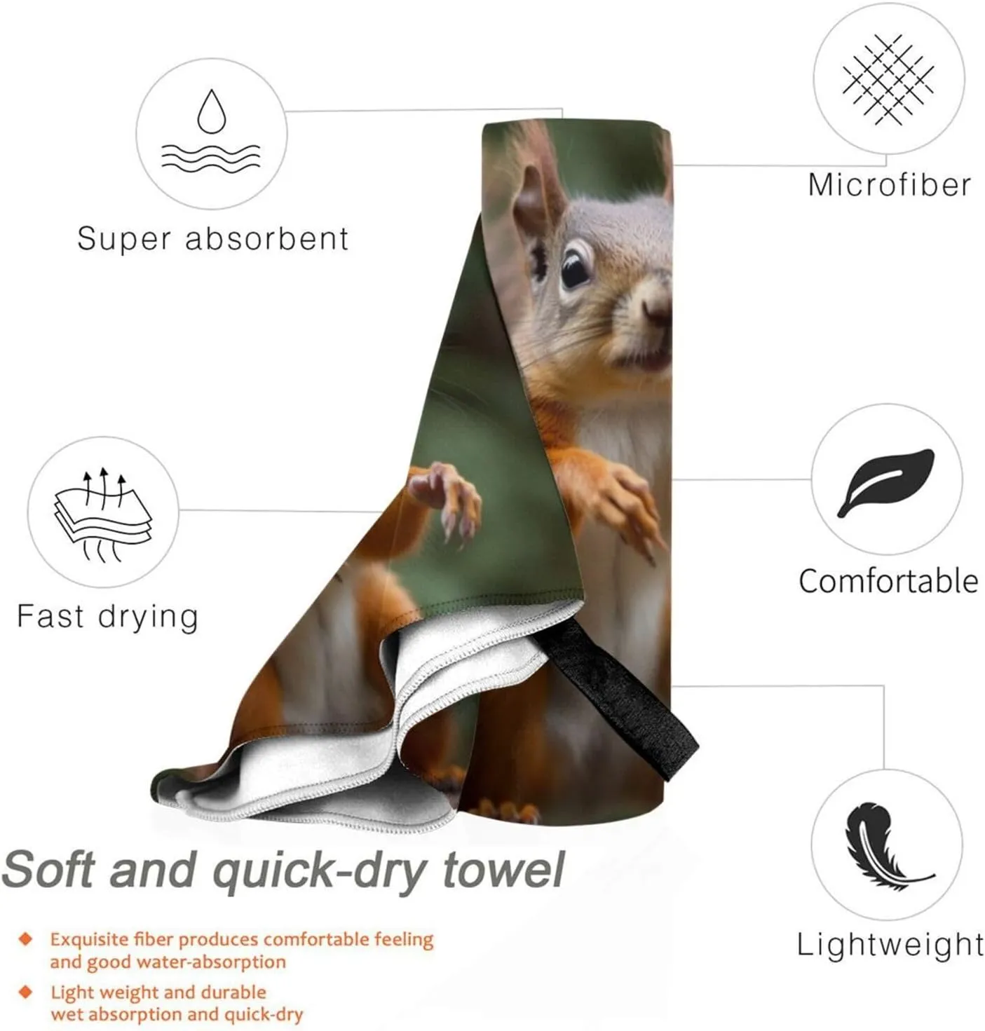 Funny Animal Squirrel Premium Compact Microfiber Travel Towel-Featherlight & Quick Dry,Sand-Resistant Beach Towel for Swimming,Camping,Vacation Essentials with Carry Pouch