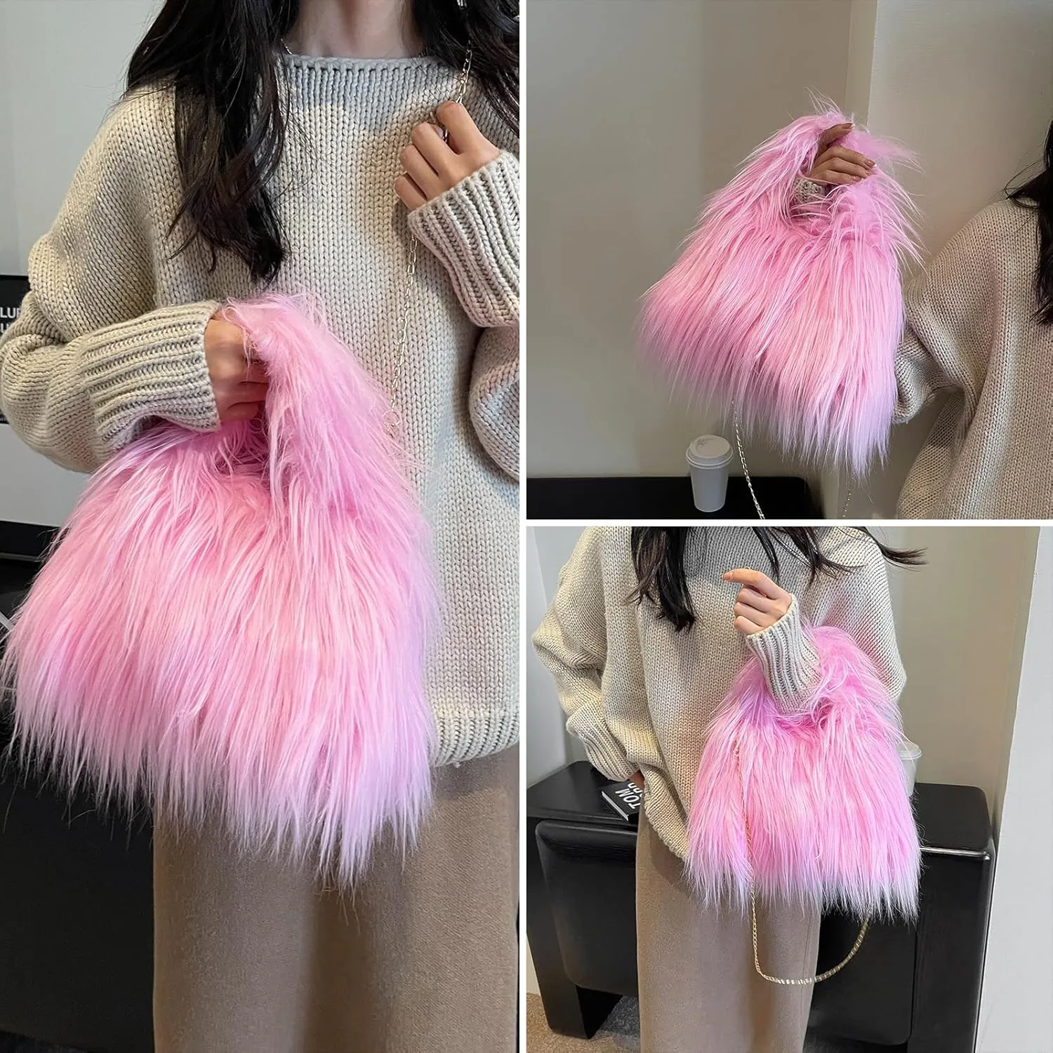 Furry Purse for Women, Faux Fur Bag Y2k Purse Fluffy Tote Bag Fuzzy Crossbody Handbags