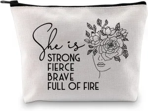 G2TUP Girl Power Gift Women Empowerment Gift Feminist Gift She Is Strong Fierce Brave Full Of Fire Cosmetic Bag and Travel Make Up Pouch With Zipper (Strong Fierce Brave White Bag)
