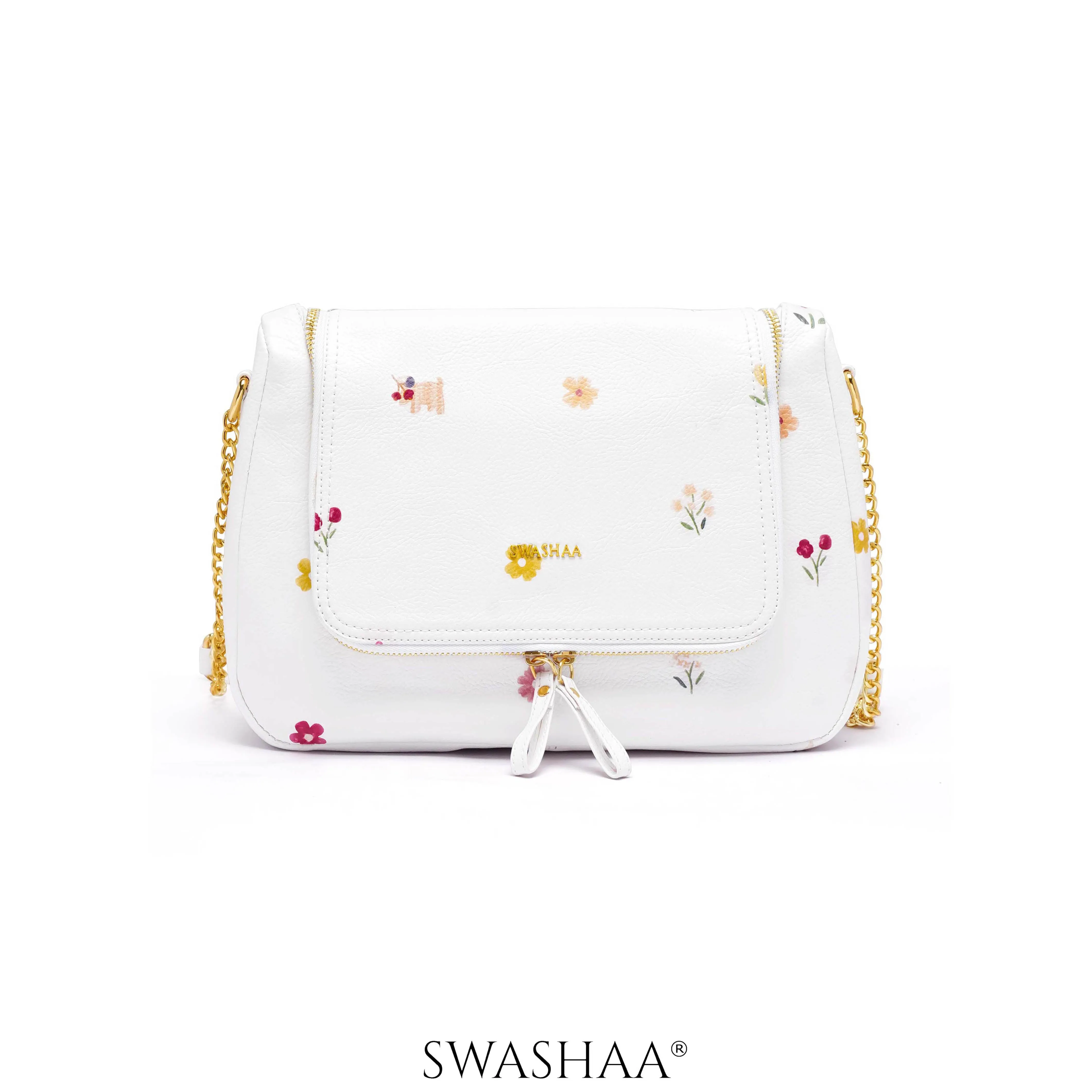 Garden Gems White Leather Shoulder Bag