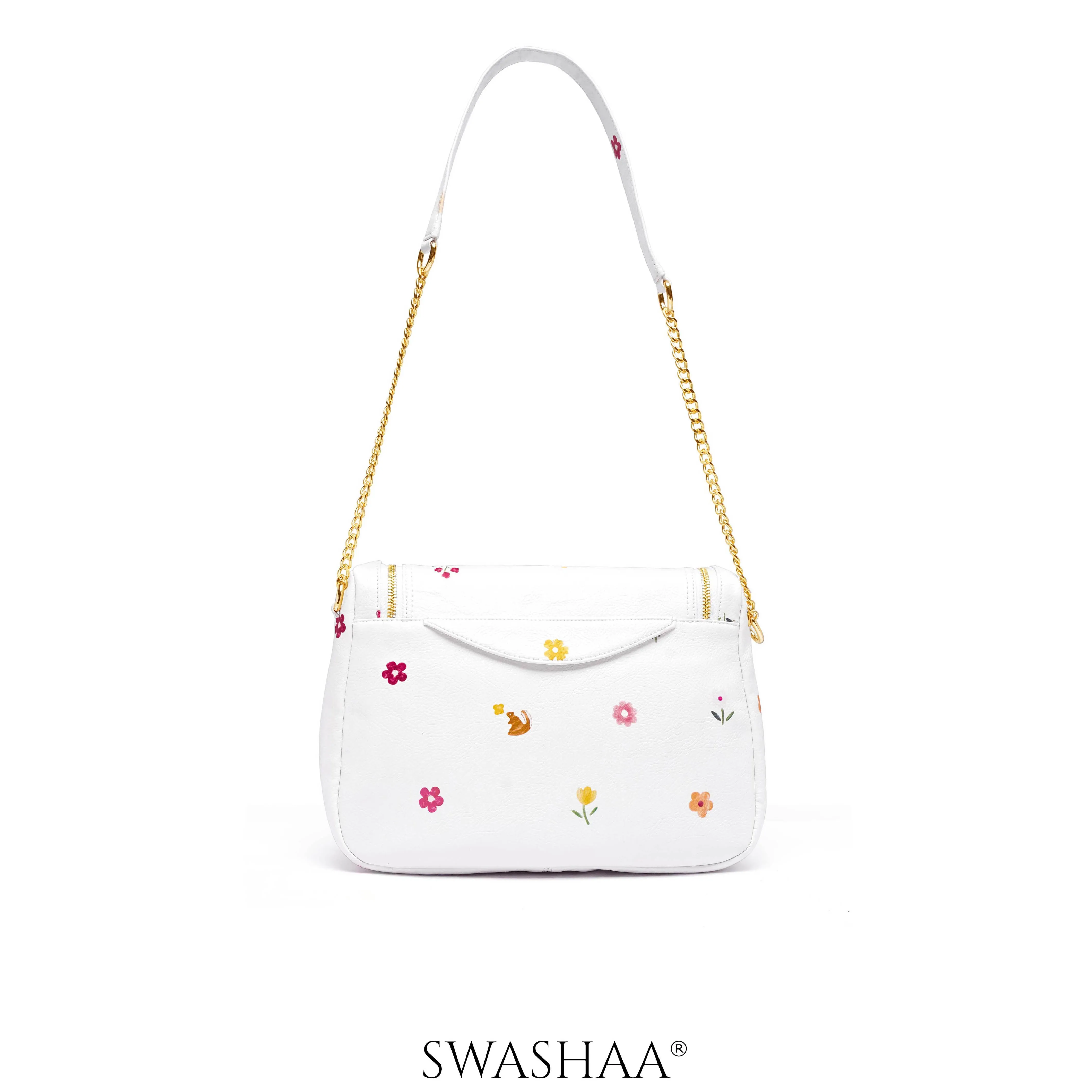 Garden Gems White Leather Shoulder Bag