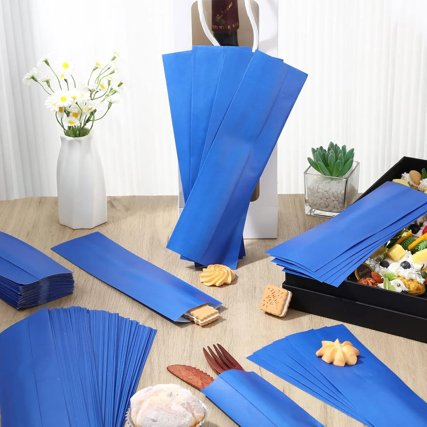 Geelin 500 Pcs Paper Silverware Bags 10" x 2-3/4" Kraft Utensils Sleeves for Restaurant Flatware Holder Unprinted Cutlery Bags Chopsticks Holder Christmas Wedding Party Tableware (Blue)